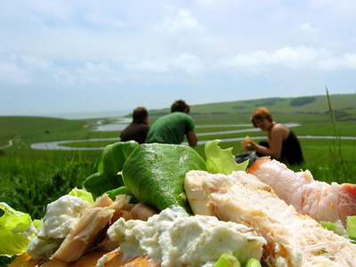 Close up of open sandwich and picnic lunch at Exceat, above Cuckmere Haven
