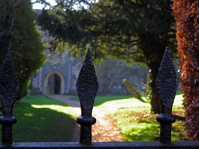 Wrought iron finials on a gate at the church of St Andrew and St Mary, Watton-at-Stone