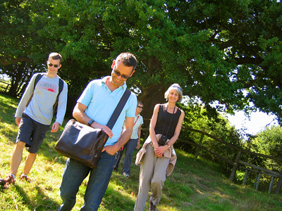 English Country Walks group under a big oak tree near Bodiam Castle