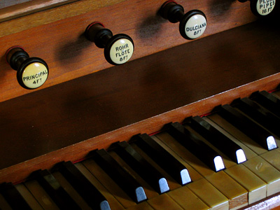Organ keyboard, Church of St Margarets Broomfield, Kent