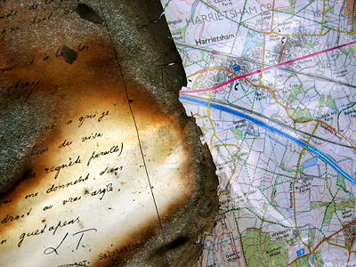 My map and the charred remains of a book, found in Kings Wood.