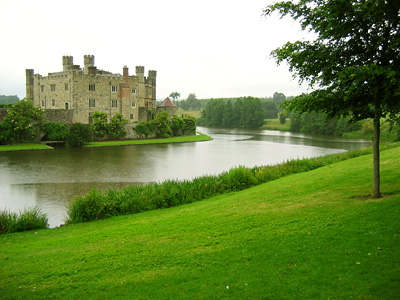 Leeds Castle and moat on a rainy day