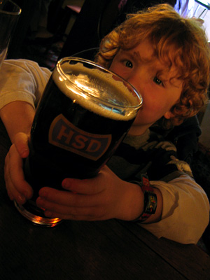 Zac with a pint of bitter, at the Farmers Arms pub, Combe Florey