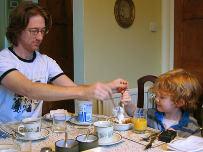 Russell and Zac eating breakfast at West View, Bishops Lydeard