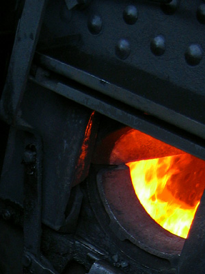 The firebox of a steam locomotive on the West Somerset Railway at Bishops Lydeard