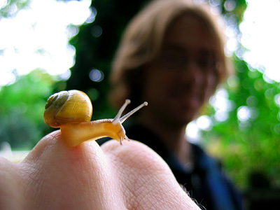 Russell with snail, near Dunster village