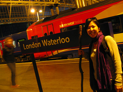 Mai at London Waterloo station with her walking stick