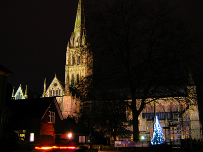 Salisbury Cathedral at night, with Christmas tree