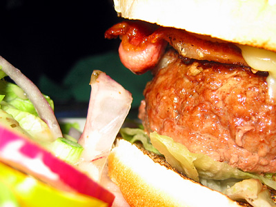 Bacon cheeseburger close up, Black Horse pub, Great Durnford