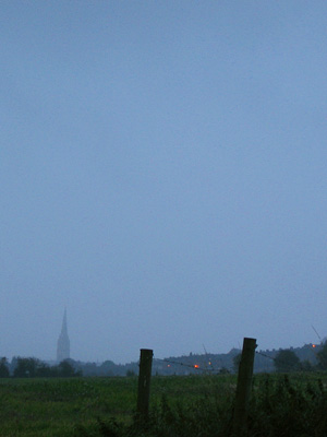 Spire of Salisbury Cathedral seen across fields at dusk, October 2007