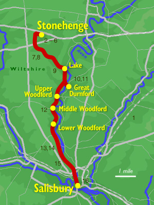 Map showing route of walk from Stonehenge to Salisbury, down the valley of the River Avon