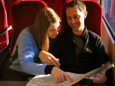 Sarah and Ed checking the route on the train out to Godalming