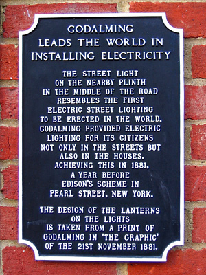 Plaque commemorating the first municipal installation of electricity, Godalming, Surrey, England