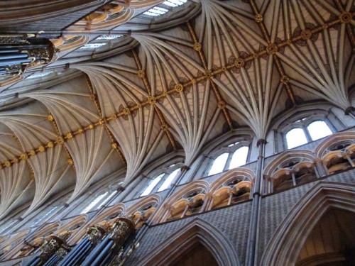 The high, vaulted roof of Westminster Abbey.