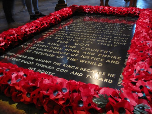 Close-up of The Tomb of the Unknown Warrior in Westminster Abbey. There's a mirror-image tomb under the Arc de Triomphe in Paris. That's where I'll be finishing up the walk on October 31st.